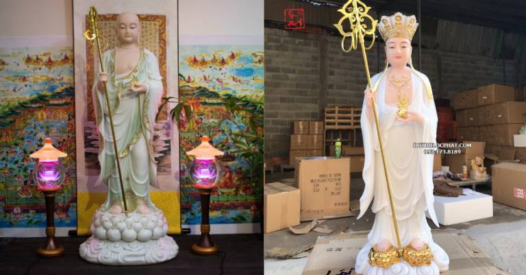 Sự khác nhau về hình tướng của hai vị bồ tát Địa Tạng Vương Bồ Tát đầu đội mũ thất Phật, mặc áo cà sa, tay phải cầm tích trượng, tay trái cầm viên ngọc Như Ý