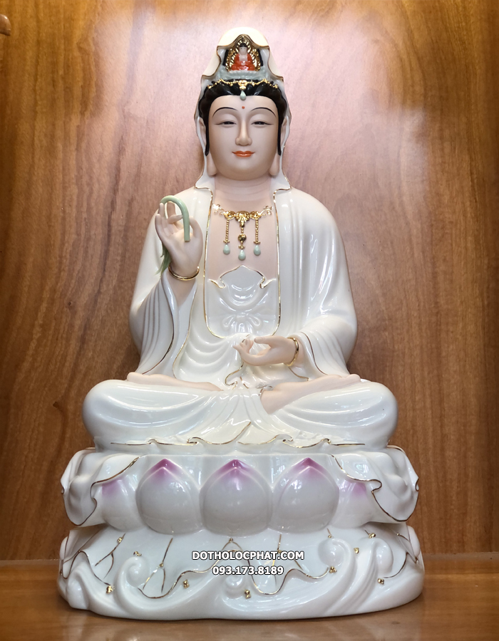 Tượng Phật Quan Âm Sứ Trắng Đế Sen Hồng QABT-078