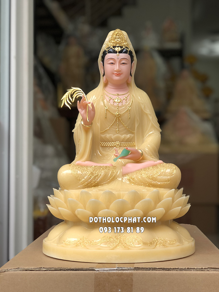 Tượng Ta Bà Tam Thánh Vàng Thạch Anh Đế Hoa Sen Nở Cao 40cm TBTT-004