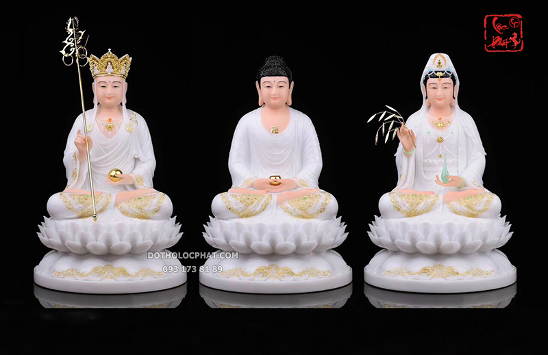 Bộ Tượng Ta Bà Tam Thánh Bột Đá Trắng Đế Hoa Sen Nở TBTT-009 Bộ Tượng Ta Bà Tam Thánh Bột Đá Trắng Đế Hoa Sen Nở TBTT-009