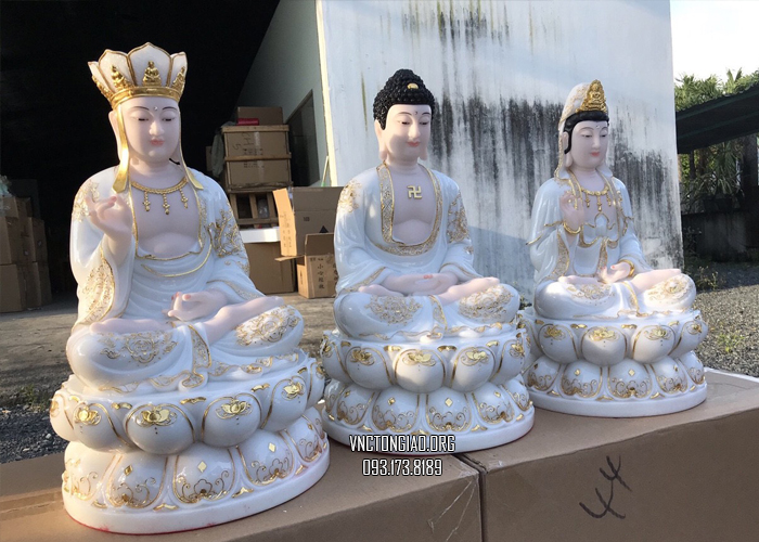 bộ tượng ta bà tam thánh bằng bột đá trắng viền vàng đế sen đẹp