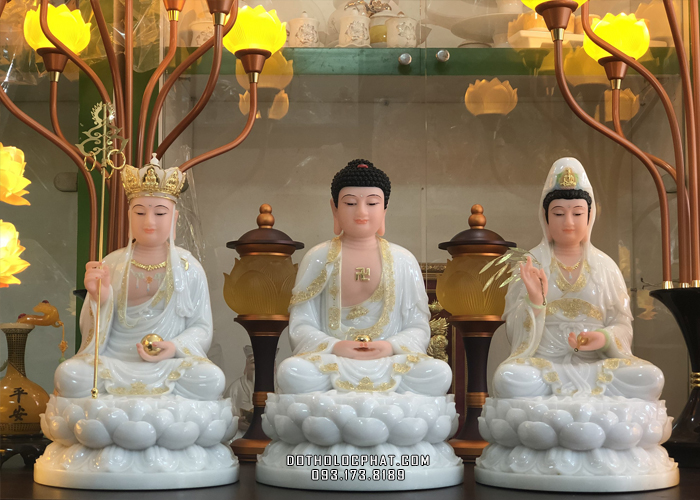 1.Tượng Ta Bà Tam Thánh Trắng Viền Vàng TBTT-007 1.Tượng Ta Bà Tam Thánh Trắng Viền Vàng TBTT-007