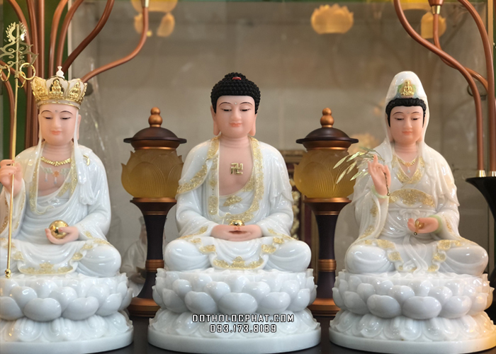 1.Tượng Ta Bà Tam Thánh Trắng Viền Vàng TBTT-007 1.Tượng Ta Bà Tam Thánh Trắng Viền Vàng TBTT-007