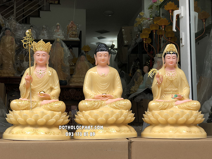 Tượng Ta Bà Tam Thánh Vàng Thạch Anh Đế Hoa Sen Nở Cao 40cm TBTT-004 Tượng Ta Bà Tam Thánh Vàng Thạch Anh Đế Hoa Sen Nở Cao 40cm TBTT-004