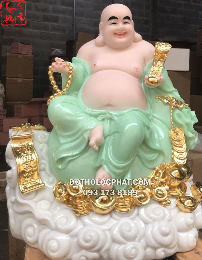 Tượng Phật Di Lặc ngồi xanh ngọc được chế tác từ bột đá xanh cao cấp, sản phẩm hiện đang có tại kho của Lộc Phát
