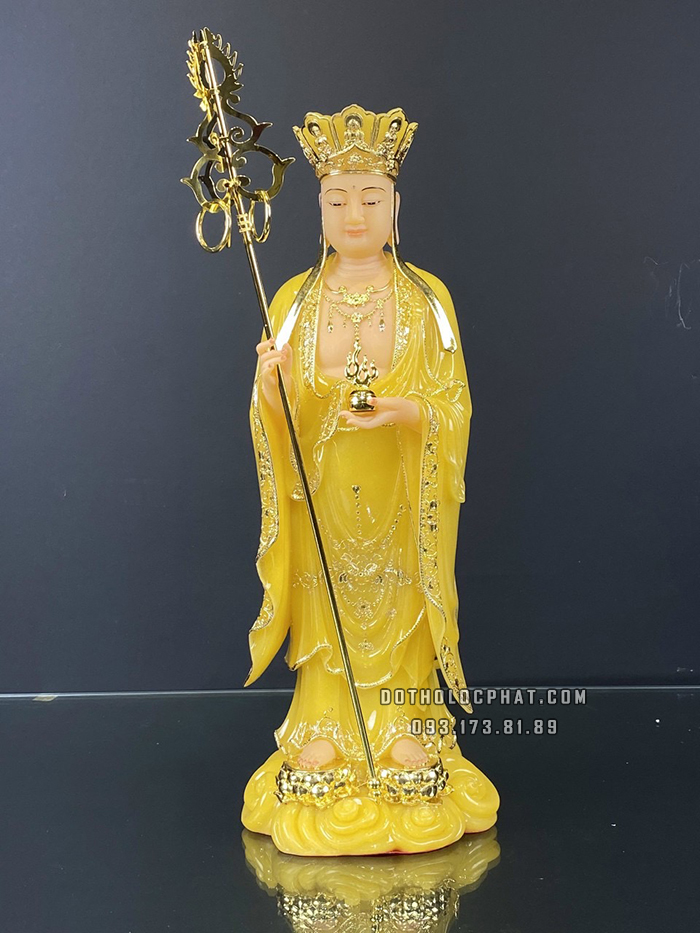 Tượng Phật Địa Tạng Đứng Bằng Đá Thạch Anh Dát Vàng DT-012