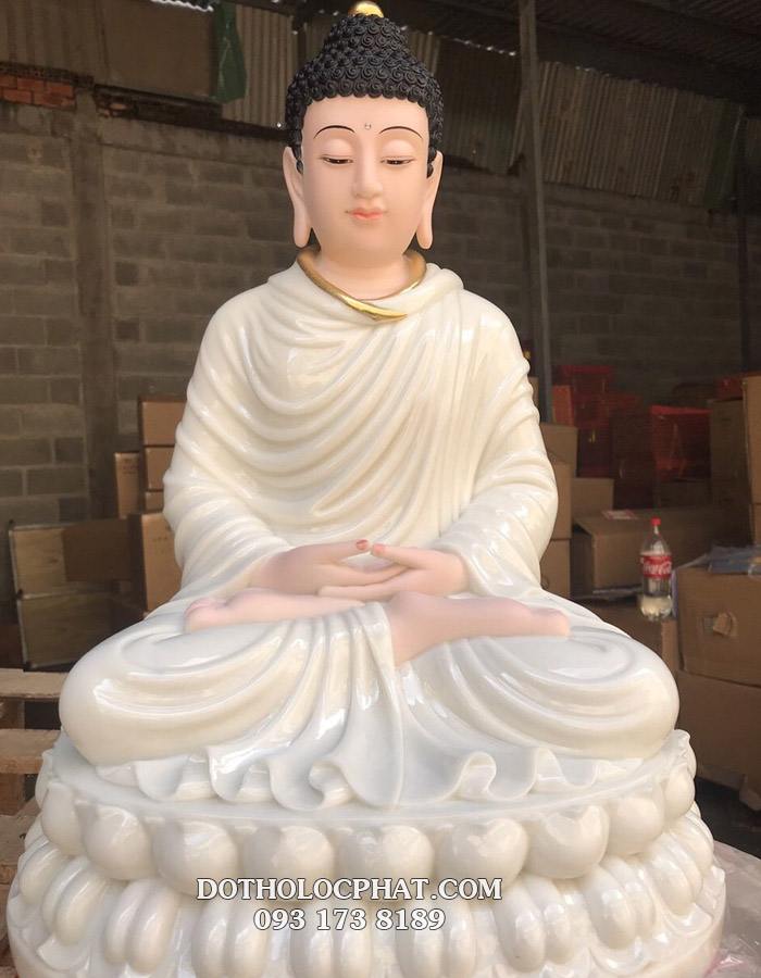 Tượng Phật Thích Ca Mâu Ni tĩnh tâm bằng bột đá trắng đế tròn (đế sen)