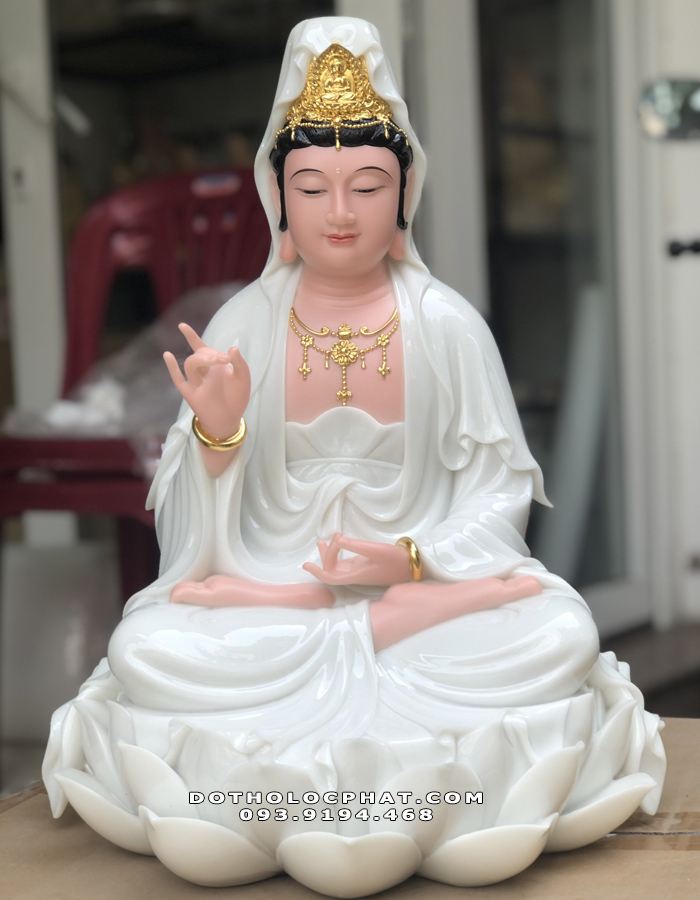 Tượng Phật Quan Âm liên hoa bằng bột đá trắng cao cấp