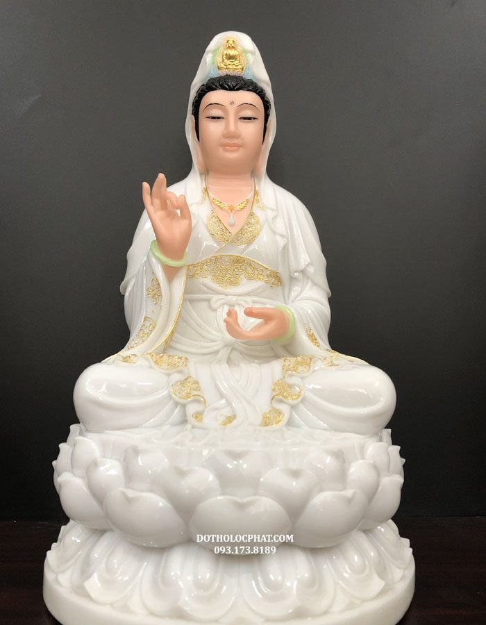 Tượng Phật Bà Quan Thế Âm Bồ Tát trắng viền vàng đẹp từ bi, hoan hỷ